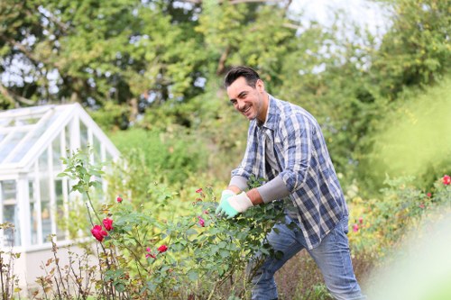 A man with dark hair, wearing a blue plaid shirt and light blue jeans, is tending to a garden in a residential outdoor space on a bright, sunny day. He is smiling while holding gardening gloves and appears to be pruning or inspecting a flowering shrub with pink and red buds. The garden features a well-maintained lawn with lush green grass, bordered by flowering plants and bushes. In the background, there are tall trees and a white greenhouse with glass panels, indicating a suburban garden setting. The natural lighting highlights the vibrant colours of the flowers and the greenery, reflecting a scene of outdoor maintenance and gardening activity typical of a backyard in Deptford, London. This image aligns with gardening services offered by Lawn Mowing Deptford, showcasing garden upkeep and plant care in a residential context.